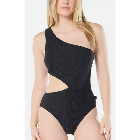 Michael Kors Women's OneShoulder SideCutout Swimsuit Black Size 8 15046 - Picture 1 of 2
